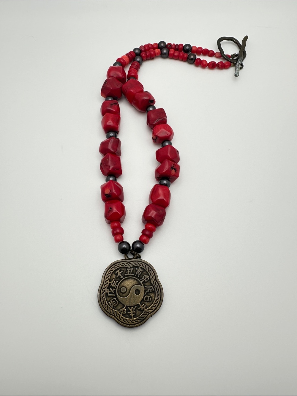 Red Beaded Ying Yang Pendant Necklace with Antique Gold Medallion